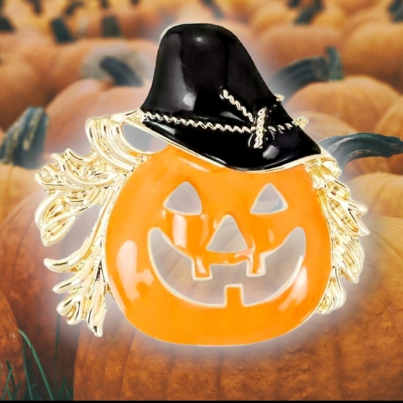 Gold plated Orange and black crystal Jack o lantern witch necklace/brooch - Picture 4 of 12